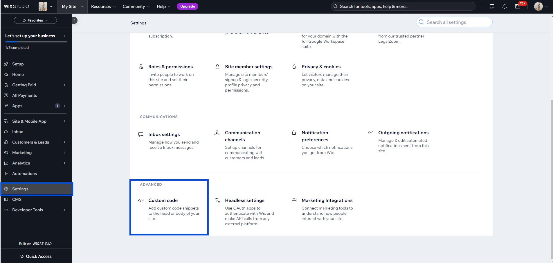Wix Settings - Custom Code selection.webp
